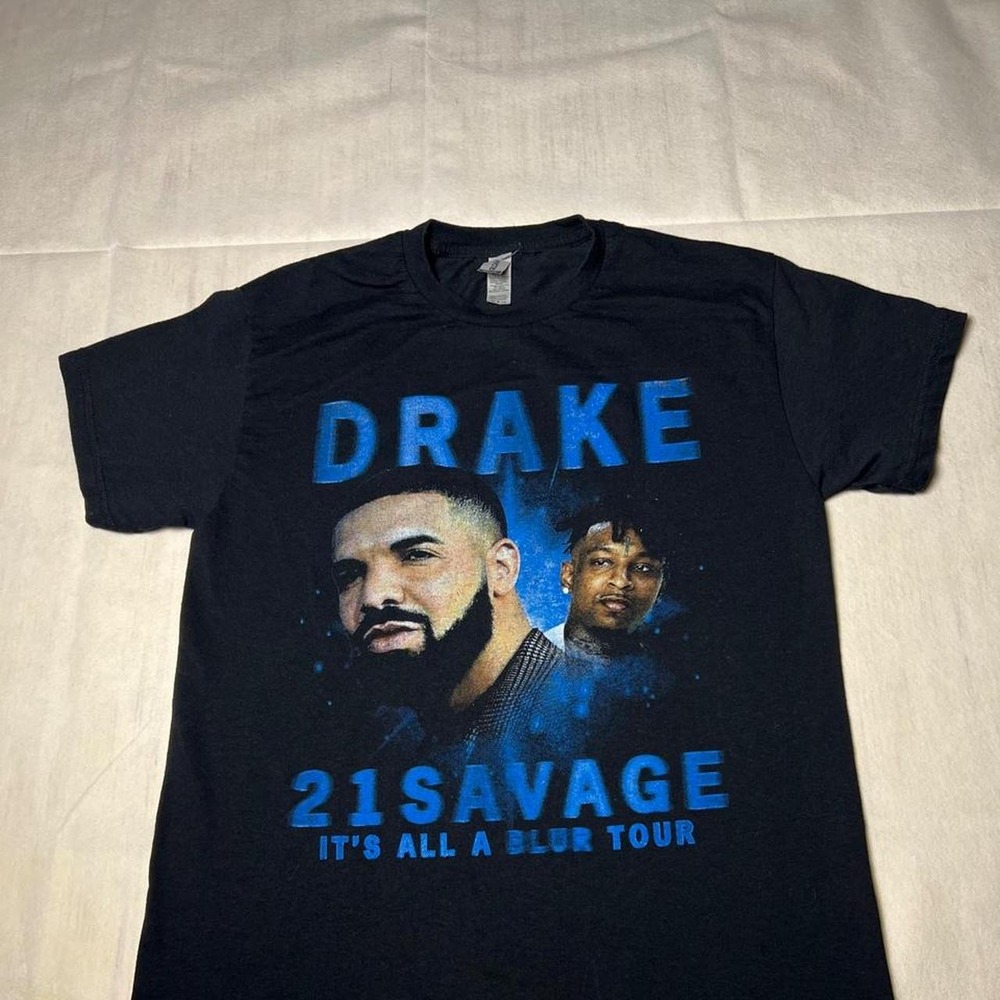 Black Drake and 21 Savage tour tee with blue graphic